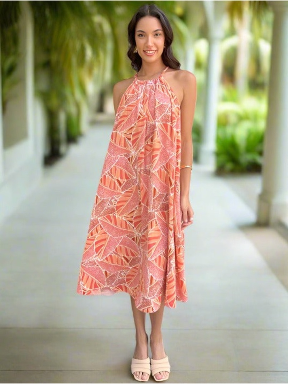 Shebird The Sofia Gauze Halter Bra Dress Palm Print